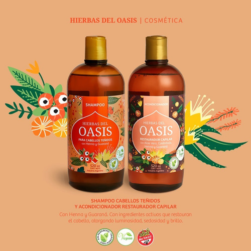 Imagen 2 de 4 de Shampoo Cabellos Teñidos Con Henna Y Guaraná + Acondicionador Restaurador Capilar Hierbas Del Oasis Vegan Sin Parabenos