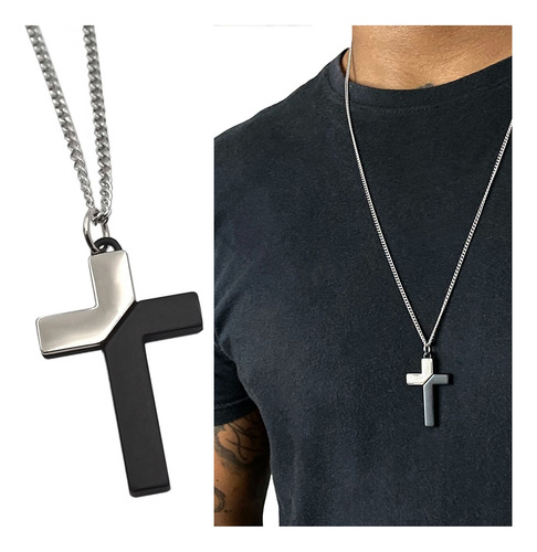 Corrente Masculina Crucifixo Cruz Prata Preta Aço Unissex