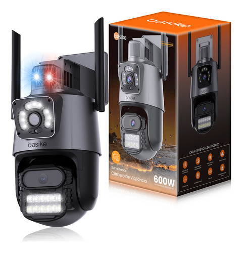 Câmera De Segurança Basike Full Hd 6mp Lente Dupla Visão Noturna Visão 6x Zoom Com Função De Alarme De Luz Vermelha E Azul Ip66 Ios Android App Icsee Cor Preto
