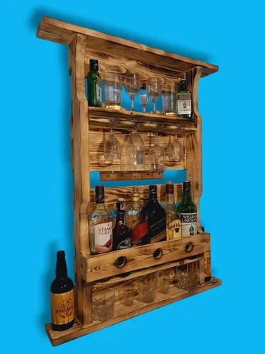 Bar Botellero En Madera Natural Quemado A Fuego