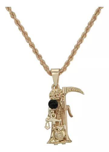 Set de Cadena Dije Y aretes de la Santa Muerte Oro laminado. Grim Reaper  Set