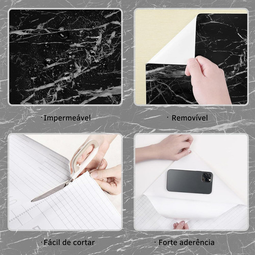 Papel Adesivo Envelopamento Mármore Lavável Móveis Parede Preto 5 Metros Hibo