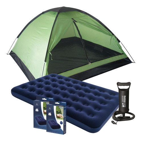 Imagen 1 de 10 de Carpa 4 Personas + Colchon 2 Plazas + Inflador + 2 Almohadas