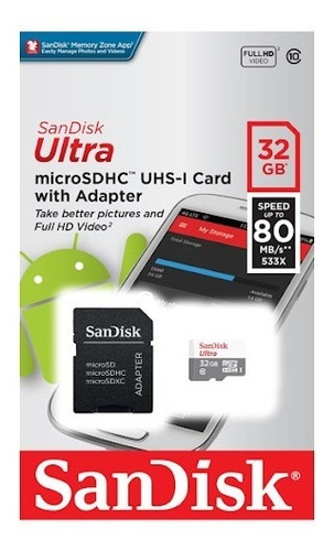 Memoria Micro Sd Sandisk 32gb Clase 10 Full Hd Video