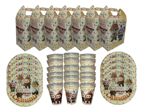 Caja Dulcera + Platos + Vasos Kit Fiesta 20 Niños Labubu Labubu Labubu
