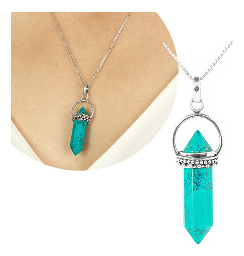 Colar De Prata 925 Com Pingente De Pedra Turquesa Natural