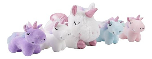 Juego De Peluches Unicornio 16 Pulgadas Con 4 Bebés Arco Iri