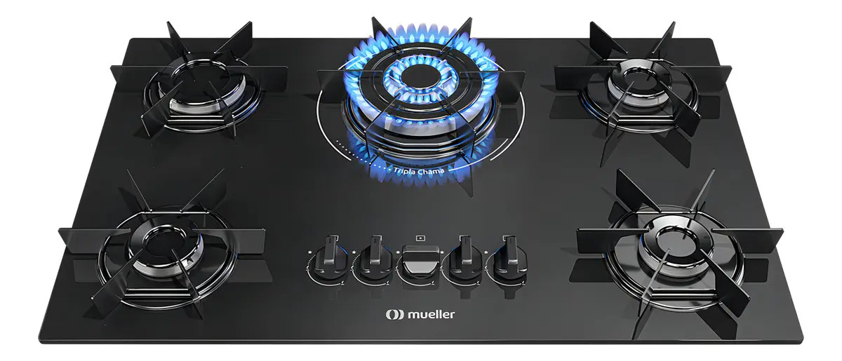 Cooktop 5 Bocas Mueller Mcg5bc Mesa De Vidro Tripla Chama Super Automático Preto