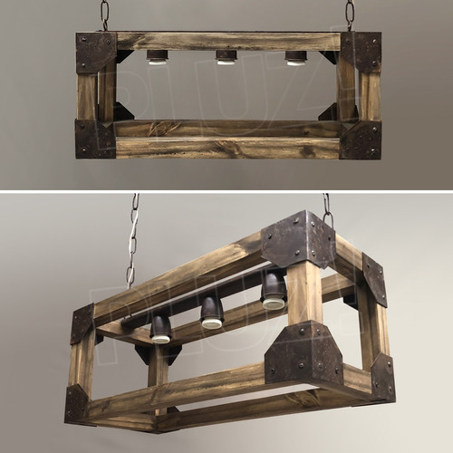 Colgante Industrial Nórdico 3 L Madera Chapa Remaches Óxido