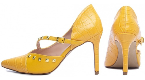 Imagem 2 de 4 de Sapato Scarpin Amarelo Salto Alto Fino Fechado Confortável