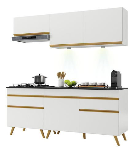 Armário Cozinha Compacta 190cm Veneza Up Multimóveis V2030 Cor Branco/dourado