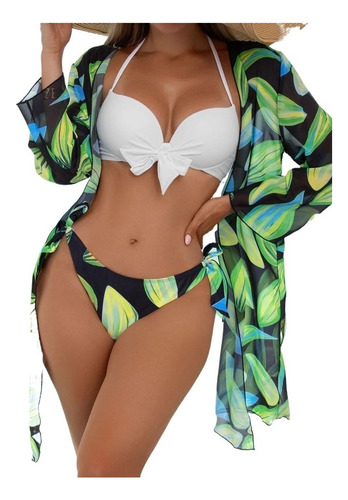 Bikini Set + Printed Kimono Beach Cover-up