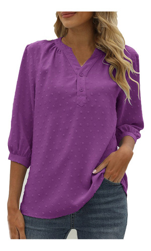 Playera Mujer Blusa Chifón Cuello V Botones Color Liso Pul