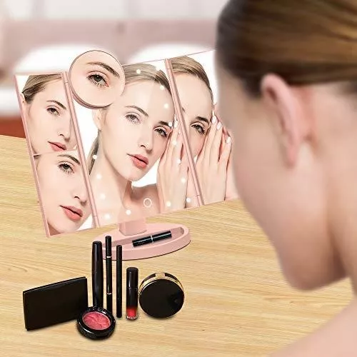Espejo de maquillaje triple con luces LED, espejos de luz para tocador,  espejo de tocador portátil con luces, aumento 1x/2x/3x/10x para pinzas,  cejas