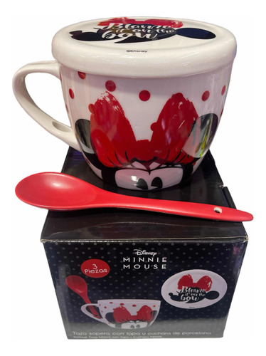 Taza Minnie Mouce Con Tapa Incluye Cuchara 100% Nueva Ceram.