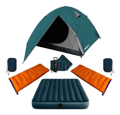 Kit Camping Pampa Carpa4  Colchon Bolsa Almohada X2 Inflador