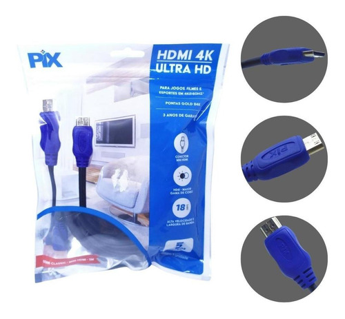 Cabo Mini Hdmi X Hdmi 5 Metros 2.0 Ethernet 5m 4k Ultra Hd