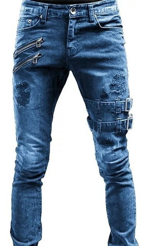 Pantalones Hombre Mezclilla Jeans Slim-fit Liso De Motorista