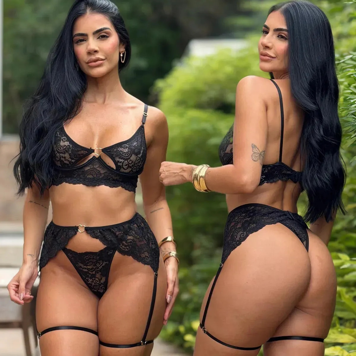 Conjunto Sensual Renda Com Liga Na Perna + Calcinha Fio Preto G