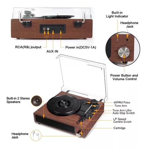 Tocadiscos con altavoces integrados, control de graves y agudos, 33, 45, 78  RPM, reproductor LP de vinilo Bluetooth, tocadiscos vintage portátiles