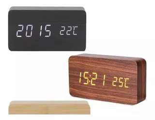 Reloj Despertador Led Digital Temperatura Alarma Madera