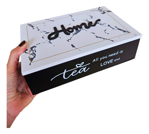 Caja Saquitos De Te Madera 6 Divisiones Con Tapa Línea Deco Blanco Con Negro