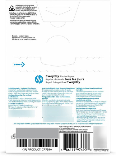 Imagen 3 de 8 de 100 Hojas De Papel Fotografico Hp Everyday Glossy 10x15cm