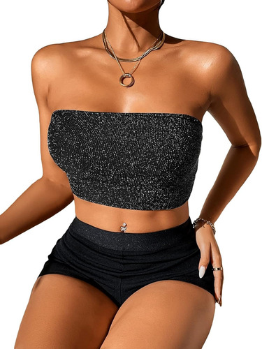 Bando Strapless Crop Top Tul Brillo Lurex Brilloso Fruncido 