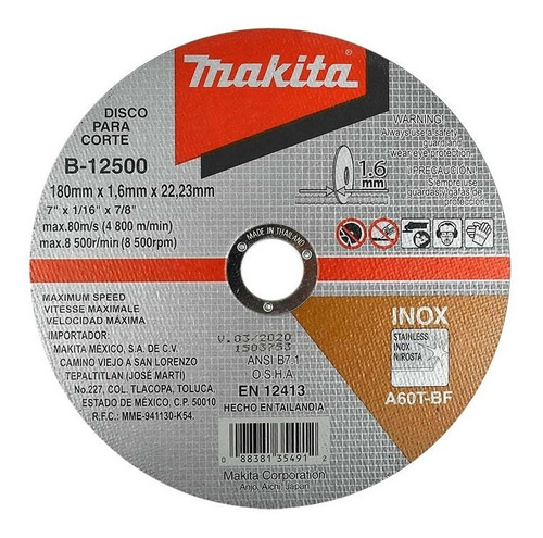 Disco Abrasivo Corte Acero Inoxidable 7 X 7/8 Makita B12500