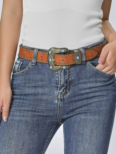 Cinturón Mujer Cuerina Western Cowboy Hebilla Turquesa Cc 01