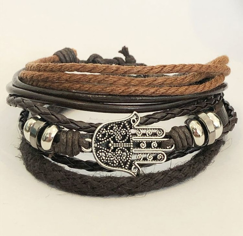 Conjunto Set Pulsera Cuero Hilo Negro Dije Mano Hamsa 