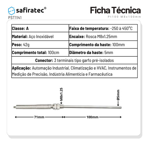 Sensor De Temperatura Termistor Pt100 M8x100mm 1 Metro