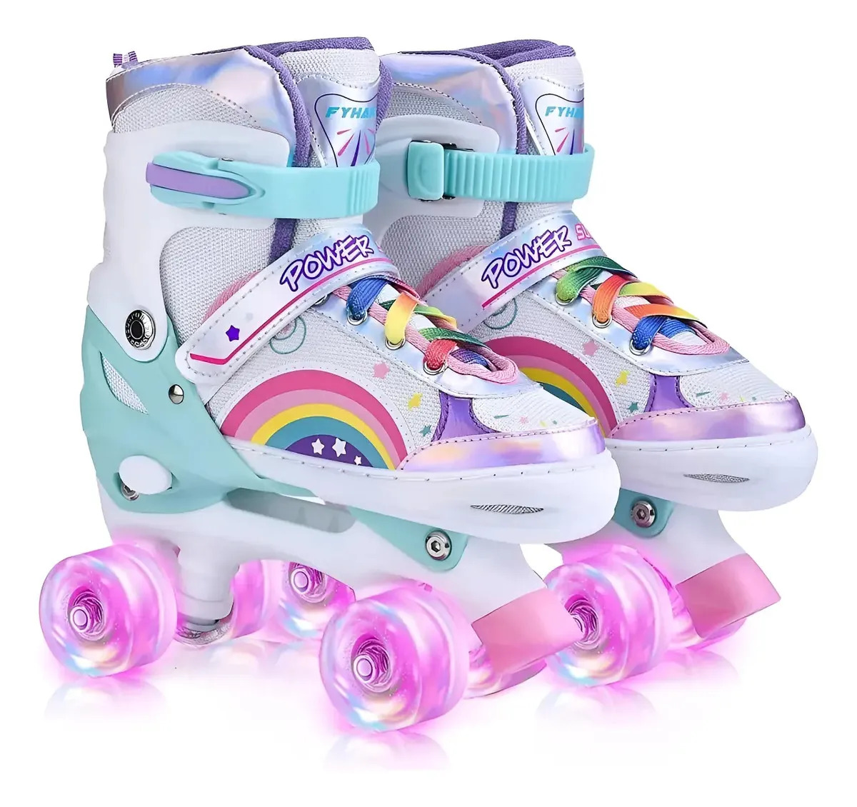 Patines Para Niñas Niños 4 Ruedas Ajustables Freno Y Luces Color Rosa chicle Talla de los patines 23-26 Tamaño de las ruedas 58 mm