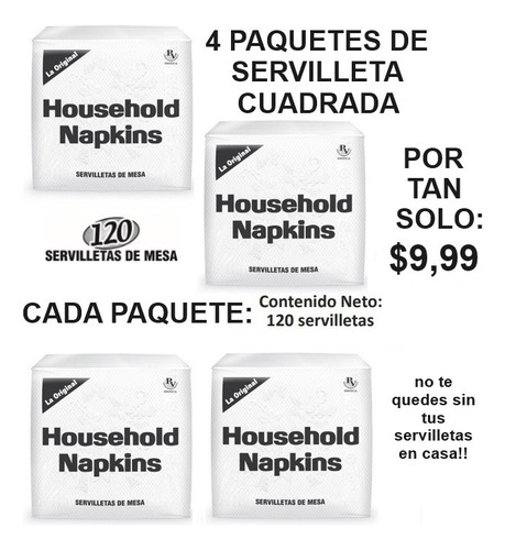 Servilletas Cuadradas House Hold 120 Unidades 4 Pqt - Paveca