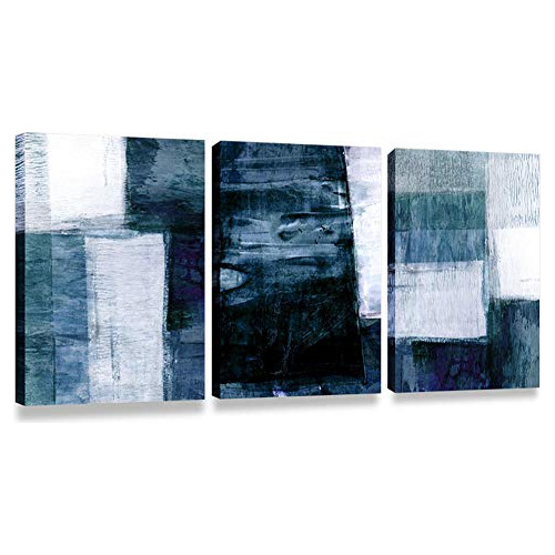 Set De 3 Cuadros De Arte Lienzo Tema Abstracto Gris Y A...