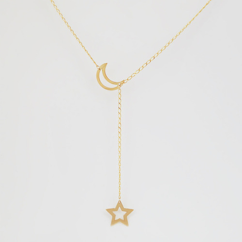 Amor Eterno - Gargantilla Luna Estrella / Oro Sólido 10k Color Amarillo