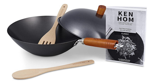 Set Wok Con Tapa 31cm + Espatula Y Cuchara Madera Ken Hom Color Negro