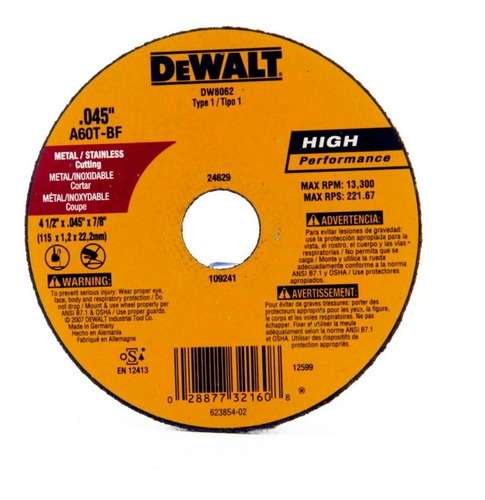 Disco Dewalt Corte 4 1/2 Pg X 1/16 Pg Metal/acero Inox