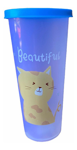 Vaso Plástico Reutilizable Con Tapa Diseño Gato Kawaii