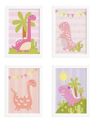 Quadros Dinossauro Menina Rosa 33x43cm 4un Moldura Branca