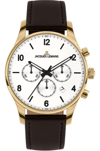 Reloj Jacques Lemans 1-2126e London Cronógrafo-café Color De La Correa Café Color Del Bisel Dorado Color Del Fondo Blanco