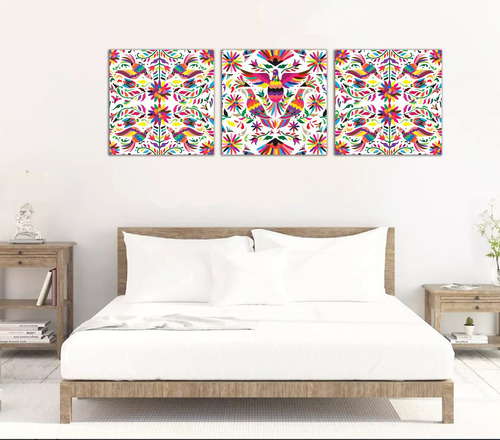 Cuadro Moderno Tríptico Canvas Arte Mexicano Otomí Huichol Étnico Colores 50x150cm