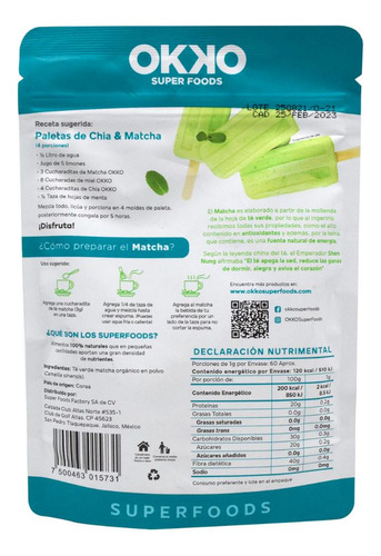 Té Verde Orgánico Matcha Okko 60 G