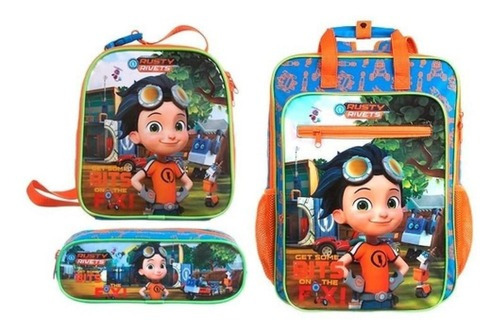 Kit Mochila Lancheira E Estojo Rusty Rivets Dermiwill Azul