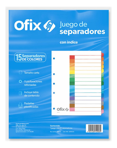 Separadores De Carpetas Ofix 15 Divisiones Indice Carta