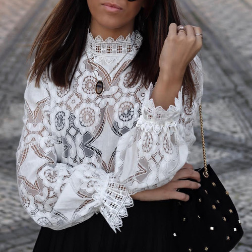 Blusa Transparente De Encaje Con Cuello Alto Y Manga Larga P