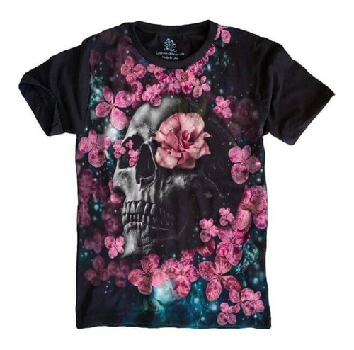 Camiseta Plus Size Cranio Caveira - Flores - Divertida
