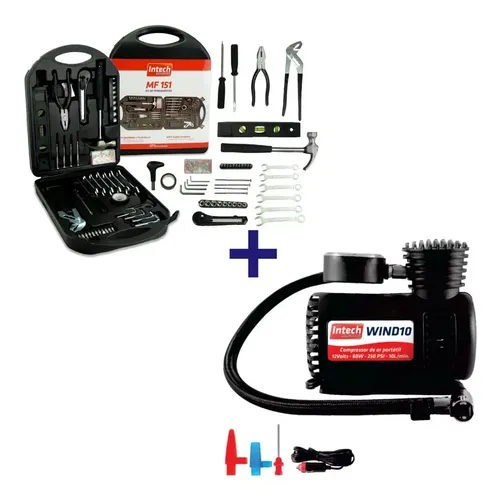 Kit Ferramentas Maleta 151 Peças + Mini Compressor de Ar 12V