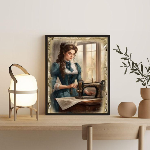 Quadro Decorativo Vintage Mulher Costurando 33x24cm - Vidro