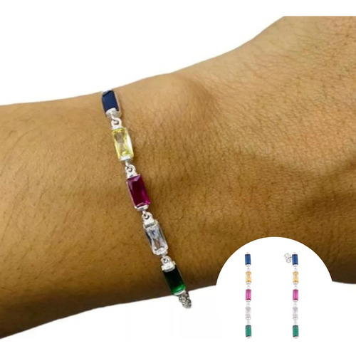 Set Pulsera Aros Plata 925 Zircón Colores Rectangular Mujer